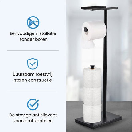 Byamos - Vrijstaande WC Rolhouder – Toiletrolhouder Met Plankje – 618 x 160 x 110 mm – Zwart - WC - Butler - Seprio