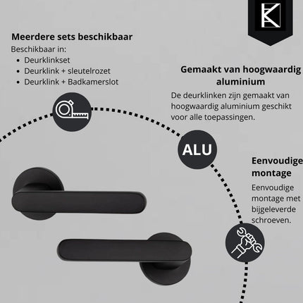 Deurklink - Rond Rozet - Mat Zwart - Compleet Deurbeslag - Inclusief Sleutelrozet en Bevestigingsmateriaal - Seprio