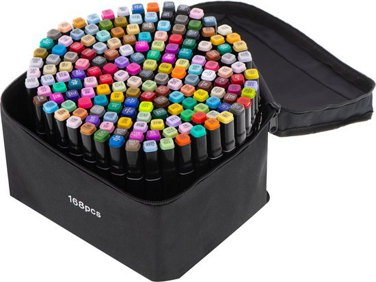 Dubbelzijdige Alcoholmarkers 168 - delig – Twinmarkers in Etui – Dual Tip Stiften met Dikke & Dunne Punt – Kleurstiften voor Tekenen, Handlettering & Bullet Journals - Seprio