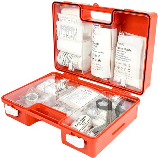 E.H.B.O. Koffer BHV - Complete Verbanddoos volgens Nederlandse Richtlijnen - Inclusief Pleisters Kompressen Windsels Reddingsdeken Handschoenen & Tools - Oranje Verbandkoffer 32x23x13 cm - Noodpakket - Seprio
