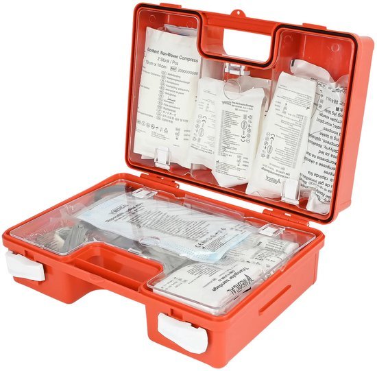 E.H.B.O. Koffer DIN 13157:2021 - Complete BHV Verbanddoos - Inclusief Pleisterset Verbanden Wondkompressen Reddingsdeken Ijspack Handschoenen & Tools - Professionele EHBO Set voor Bedrijf Thuis en Auto - 32x23x13 cm - Noodpakket - Seprio