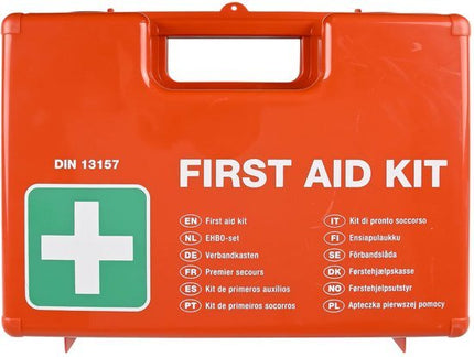 E.H.B.O. Koffer DIN 13157:2021 - Complete BHV Verbanddoos - Inclusief Pleisterset Verbanden Wondkompressen Reddingsdeken Ijspack Handschoenen & Tools - Professionele EHBO Set voor Bedrijf Thuis en Auto - 32x23x13 cm - Noodpakket - Seprio