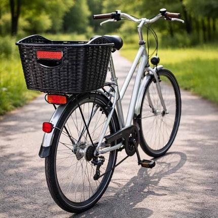 Fietsmand Achter - 18 L Boodschappenmand voor Bagagedrager - Draagkracht 8 kg - Rattan Look Kunststof PP - Met Reflector - Zwart - Seprio
