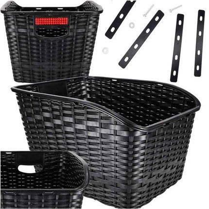 Fietsmand Achter - 18 L Boodschappenmand voor Bagagedrager - Draagkracht 8 kg - Rattan Look Kunststof PP - Met Reflector - Zwart - Seprio