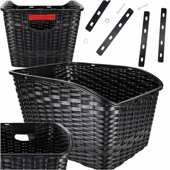 Fietsmand Achter - 18 L Boodschappenmand voor Bagagedrager - Draagkracht 8 kg - Rattan Look Kunststof PP - Met Reflector - Zwart - Seprio