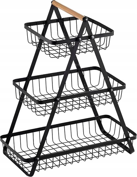 Fruitschaal - 3 Laags - Zwart - Fruitmand - Fruitmand Metaal - Etagère - Decoratie Schaal - Hout - Seprio