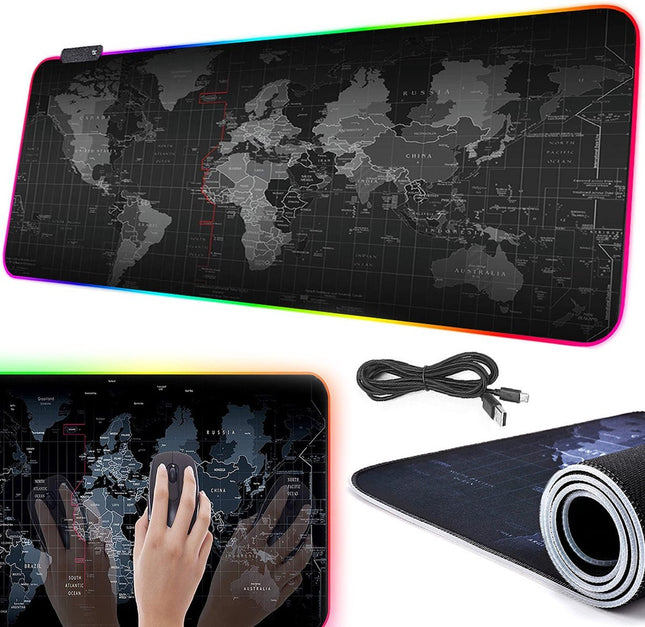 Gaming Muismat XXL - RGB LED Verlichting - Anti - Slip - Wereldkaart - 80x30 cm - Seprio
