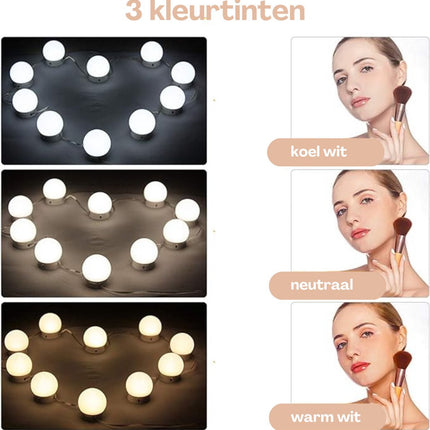 Hollywood Spiegellampen - Spiegelverlichting - Wit - Met 14 LED Lampen - USB - Aansluiting - Dimbare Make - Up Lamp - 3 Kleurtinten - 6 Meter Kabel - Seprio