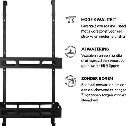 Homefeels - Doucherek 2 laags - Ophangen Douchewand - Zonder Boren - Zwart - RVS - Seprio