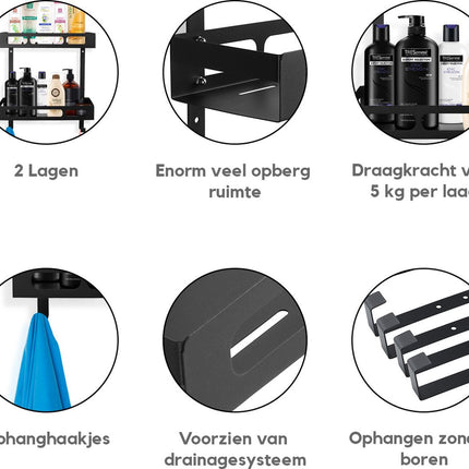 Homefeels - Doucherek 2 laags - Ophangen Douchewand - Zonder Boren - Zwart - RVS - Seprio
