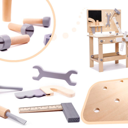Houten Speelgoedwerkbank - MDF - 45x67x26 cm - Speelgoed Gereedschap - Boormachine - Hamer - Jongens - 24 - Delig - Montessori - Seprio