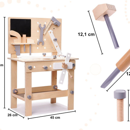 Houten Speelgoedwerkbank - MDF - 45x67x26 cm - Speelgoed Gereedschap - Boormachine - Hamer - Jongens - 24 - Delig - Montessori - Seprio