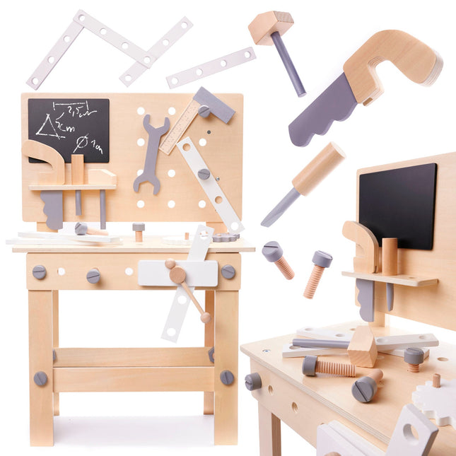 Houten Speelgoedwerkbank - MDF - 45x67x26 cm - Speelgoed Gereedschap - Boormachine - Hamer - Jongens - 24 - Delig - Montessori - Seprio