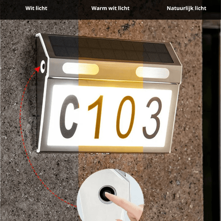 Huisnummer Verlichting - Solar - LED Huisnummerbord Zonne Energie - 0/9 - a/z - Huisnummerbord - Zilver - Seprio