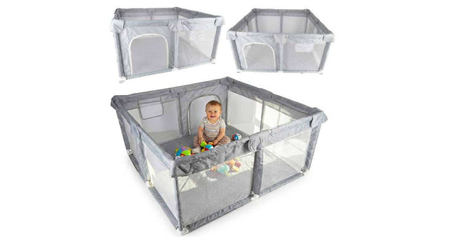 Ikonka babybox met mesh wanden – 120×120 cm – grijs-wit - Seprio