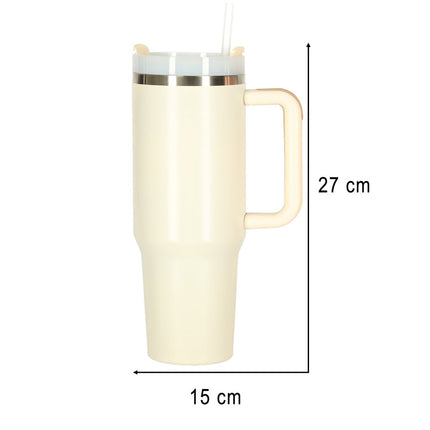 IKONKA - Crème - 40oz - Travel Cup - RVS Thermosbeker met Handvat en Rietje - Drinkbeker To Go - 1.2 Liter - Koffiebeker - Travel Mug - Thermosbeker - Thermosfles - Thermoskan - Seprio