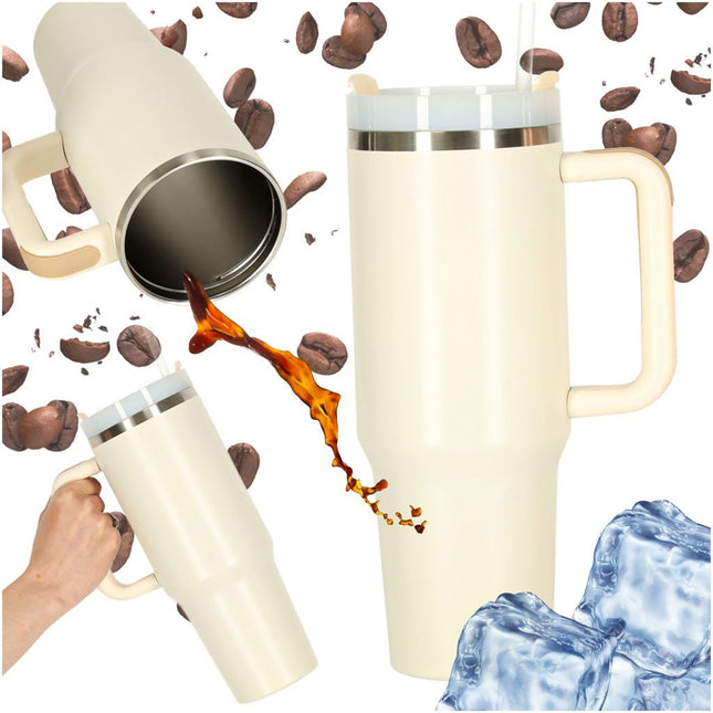 IKONKA - Crème - 40oz - Travel Cup - RVS Thermosbeker met Handvat en Rietje - Drinkbeker To Go - 1.2 Liter - Koffiebeker - Travel Mug - Thermosbeker - Thermosfles - Thermoskan - Seprio