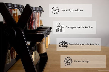 Kruidencarrousel - Kruidenbak - Kruidenrek Draaibaar - Kruidenrek met Potjes - Kruidenrek Staand - Kruidenrek voor Kruidenpotjes - Kruidencarrousel inclusief Glazen Potjes en Receptenboek bij factuur - Seprio
