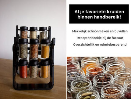Kruidencarrousel - Kruidenbak - Kruidenrek Draaibaar - Kruidenrek met Potjes - Kruidenrek Staand - Kruidenrek voor Kruidenpotjes - Kruidencarrousel inclusief Glazen Potjes en Receptenboek bij factuur - Seprio