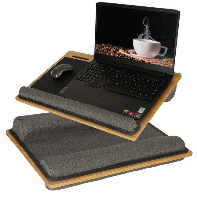 Laptopkussen Met Muismat en Telefoonhouder - Zwart - Bamboe - Laptoptafel voor in Bed - Schootkussen - Polssteun - Zwart - 11 inch t/m 17 inch - Seprio