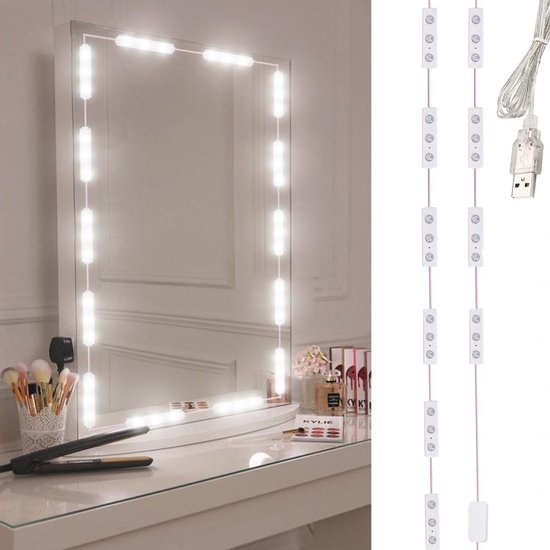 LED spiegelverlichting - Make - up verlichting - Kaptafel lampen - Hollywood spiegel - Make - up lampjes - USB make - up verlichting - Spiegel lampen set - Zelfklevende verlichting - 30 LED lampen - 3 lichtstanden - Seprio