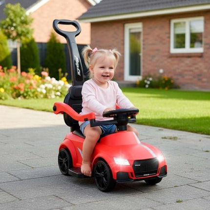 Loopauto 3 - in - 1 met Duwstang - Kinderauto met Geluid en Verlichting - Rood - Met Rugleuning en Veiligheidsbeugel - Baby Walker en Ride On Auto - Voor Peuters 3 - 6 Jaar - Seprio