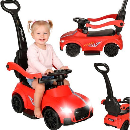 Loopauto 3 - in - 1 met Duwstang - Kinderauto met Geluid en Verlichting - Rood - Met Rugleuning en Veiligheidsbeugel - Baby Walker en Ride On Auto - Voor Peuters 3 - 6 Jaar - Seprio