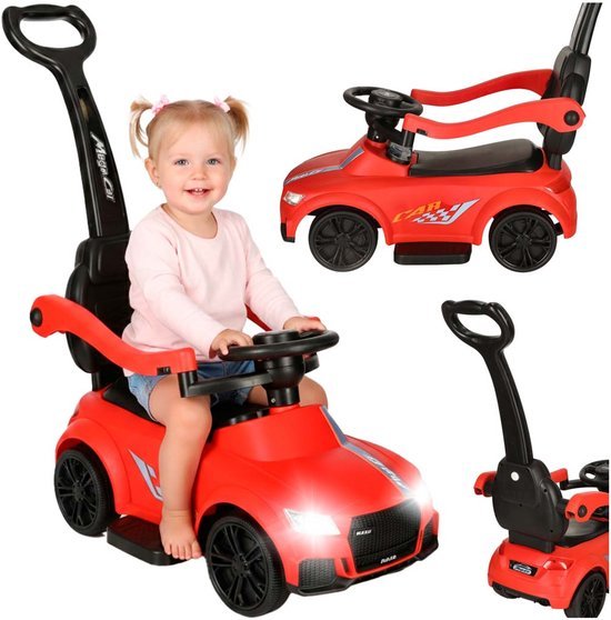 Loopauto 3 - in - 1 met Duwstang - Kinderauto met Geluid en Verlichting - Rood - Met Rugleuning en Veiligheidsbeugel - Baby Walker en Ride On Auto - Voor Peuters 3 - 6 Jaar - Seprio