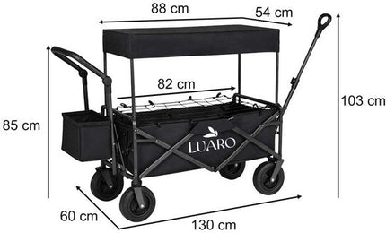 LUARO - Opvouwbare Bolderkar met Dak - Maximaal Belastbaar 120 kg - Met Dak en Bagagenet - Strand en Camping Transportwagen - 120 x 50 x 95 cm - Opgevouwen 86 x 50 x 75 cm - Zwart - Seprio