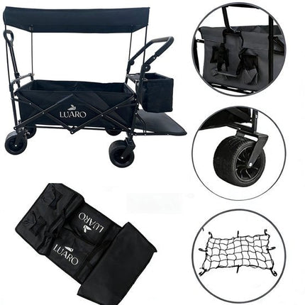 LUARO - Opvouwbare Bolderkar met Dak - Maximaal Belastbaar 120 kg - Met Dak en Bagagenet - Strand en Camping Transportwagen - 120 x 50 x 95 cm - Opgevouwen 86 x 50 x 75 cm - Zwart - Seprio