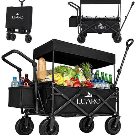 LUARO - Opvouwbare Bolderkar met Dak - Maximaal Belastbaar 120 kg - Met Dak en Bagagenet - Strand en Camping Transportwagen - 120 x 50 x 95 cm - Opgevouwen 86 x 50 x 75 cm - Zwart - Seprio