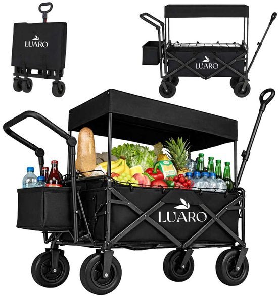 LUARO - Opvouwbare Bolderkar met Dak - Maximaal Belastbaar 120 kg - Met Dak en Bagagenet - Strand en Camping Transportwagen - 120 x 50 x 95 cm - Opgevouwen 86 x 50 x 75 cm - Zwart - Seprio