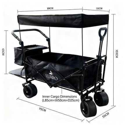LUARO - Opvouwbare Bolderkar met Dak - Maximaal Belastbaar 120 kg - Met Dak en Bagagenet - Strand en Camping Transportwagen - 120 x 50 x 95 cm - Opgevouwen 86 x 50 x 75 cm - Zwart - Seprio