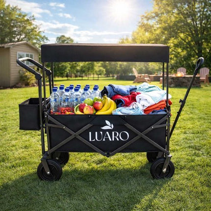 LUARO - Opvouwbare Bolderkar met Dak - Maximaal Belastbaar 120 kg - Met Dak en Bagagenet - Strand en Camping Transportwagen - 120 x 50 x 95 cm - Opgevouwen 86 x 50 x 75 cm - Zwart - Seprio
