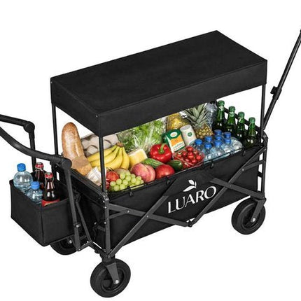 LUARO - Opvouwbare Bolderkar met Dak - Maximaal Belastbaar 120 kg - Met Dak en Bagagenet - Strand en Camping Transportwagen - 120 x 50 x 95 cm - Opgevouwen 86 x 50 x 75 cm - Zwart - Seprio