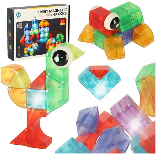 Magnetic Tiles - Magnetische Tegels Lichtgevend - 34 Delige Set - 3D Blokken - Seprio