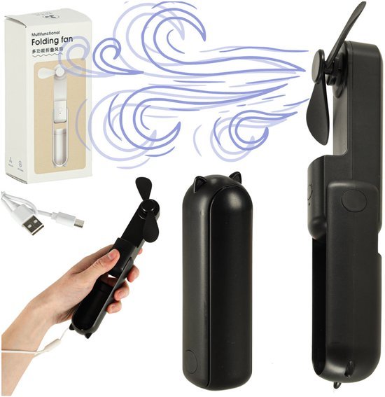 Mini Ventilator - Zwart - Hand Ventilator - USB Oplaadbaar - Met Ophangtouw - Op Batterijen/Accu - Seprio