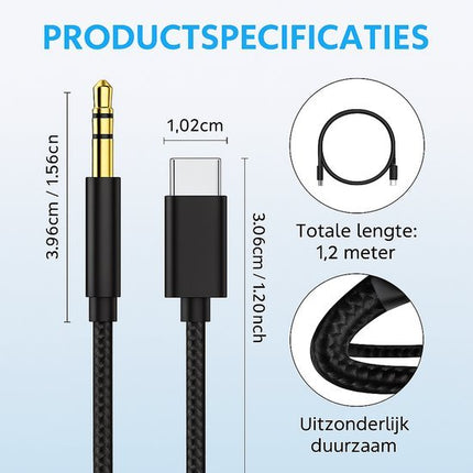 Nexara - USB - C naar 3.5mm AUX Kabel - Jack Kabel - Audio Kabel - Voor Auto, Koptelefoon & Speaker - 1 Meter - Zwart - Gevlochten - Seprio