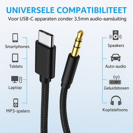 Nexara - USB - C naar 3.5mm AUX Kabel - Jack Kabel - Audio Kabel - Voor Auto, Koptelefoon & Speaker - 1 Meter - Zwart - Gevlochten - Seprio