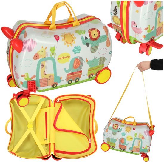 PerPhoenix Ride On Reiskoffer Kinderen Dierentuin Motief 45 cm x 31,5 cm x 22 cm - Zoo Design Handbagage op Wielen - Maximaal 20 kg Belasting - Seprio
