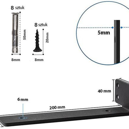 Plankbeugels Set - 2 Stuks Wandmontagebeugels - Verborgen Bodem Plankbeugels - Zware RVS Plankdragers - L - Beugels voor Wandplanken - 5 mm Dik - 20 cm Lang - Zwart - Seprio