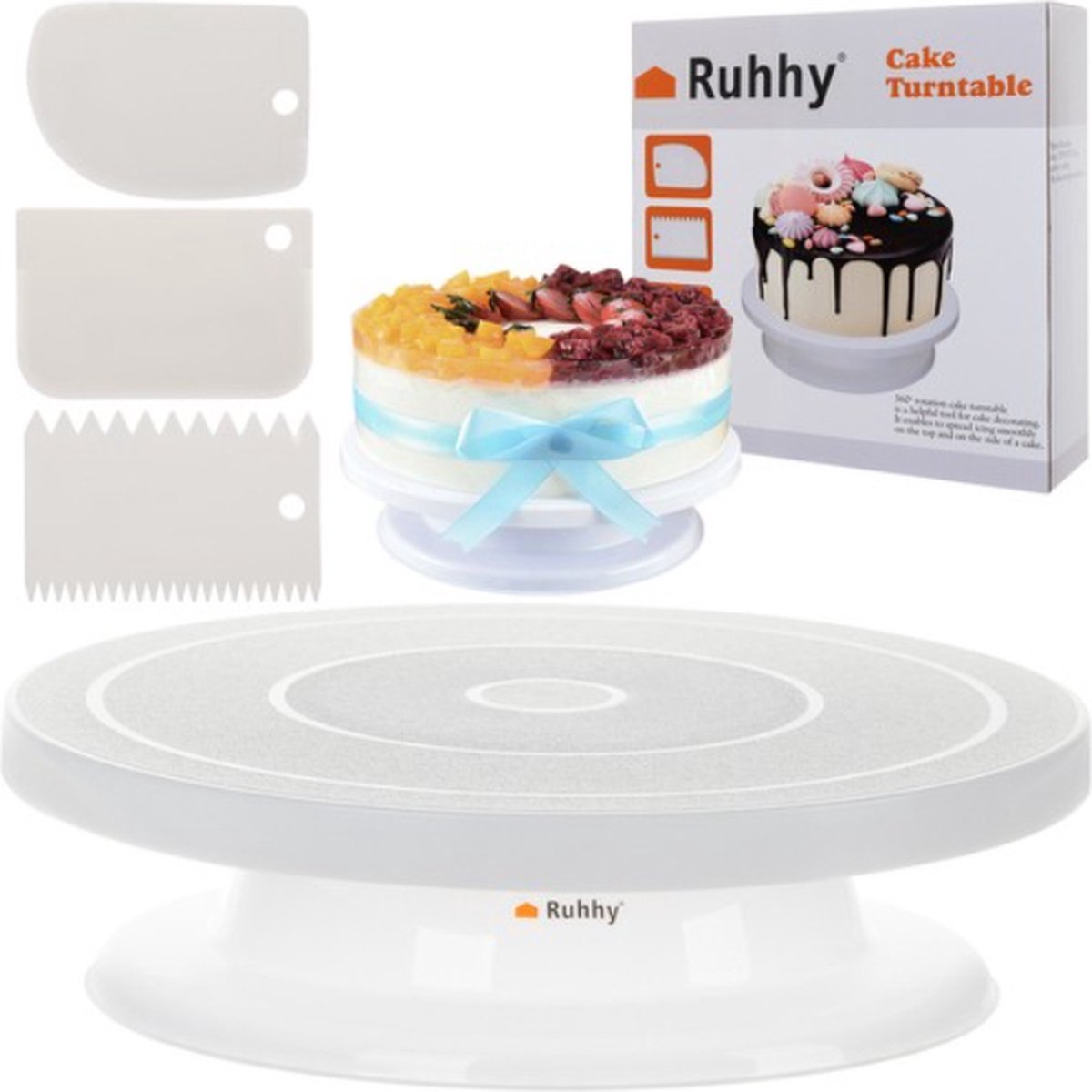 Ruhhy Drehbare Tortenplatte Ø 28 cm - Mit 3 Tortenschabern - Tortendrehteller - Drehbares Tortenscheiben-Set - Drehteller