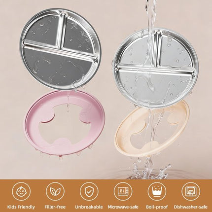 RVS Baby Bord - Roestvrijstalen Kinderbord met Siliconen Zuignap - Beige - Verdeelbord met 3 Vakjes - Antislip Bord voor Baby’s en Peuters - BPA - vrij - Vaatwasser - en Magnetronbestendig - 21x21 cm - Seprio