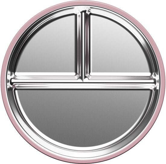 RVS Baby Bord - Roestvrijstalen Kinderbord met Siliconen Zuignap - Roze - Verdeelbord met 3 Vakjes - Antislip Bord voor Baby’s en Peuters - BPA - vrij - Vaatwasser - en Magnetronbestendig - 21x21 cm - Seprio