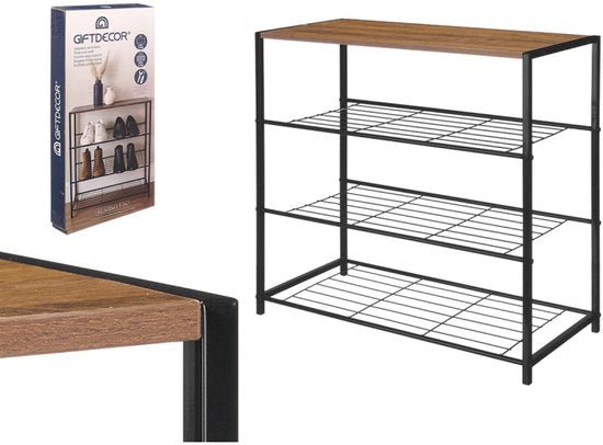 Schoenenrek 4 - Laags - Zwart - Houten Plank - Schoenenbank - Metaal - Schoenenkast - 30 x 63 x 63 cm - Seprio