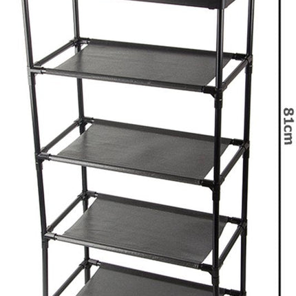 Schoenenrek - 5 Lagen - Smal 81 x 39,5 x 21,5 cm - Opvouwbare Schoenen Organizer met Stoffen Legplanken - Lichtgewicht Kunststof Frame - Zwart - Seprio