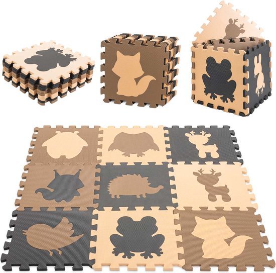 Schuimrubber puzzelmat voor kinderen 9el. beige - bruin - zwart 85cm x 85cm x 1cm - Seprio