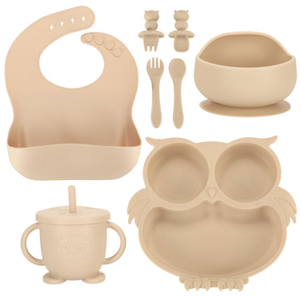 IKONKA - Kinderservies Set - 8-delig - Siliconen Baby Servies met Zuignap - Uil - Beige
