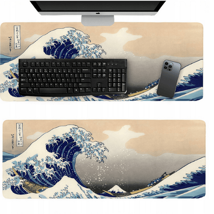 Nexara - Muismat XXL - Bureau Onderlegger en Gaming Mousepad - 90 x 40 cm - Japanse Golf Blauw en Beige
