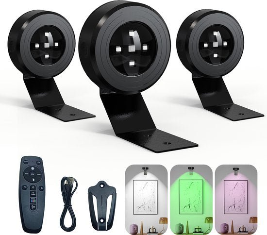 Set van 3 Draadloze Schilderijspotjes – Oplaadbaar met LED & RGB - verlichting - Seprio